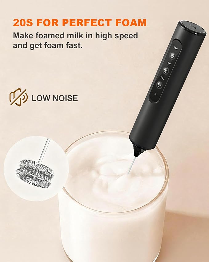 Rechargeable Handheld Milk Frother Wand with 3 Whisks & Storage Box, 3-Speed Electric Drink Mixer for Latte, Cappuccino, Hot Chocolate, Matcha and Eggs, Kitchen & Coffee Gift Set