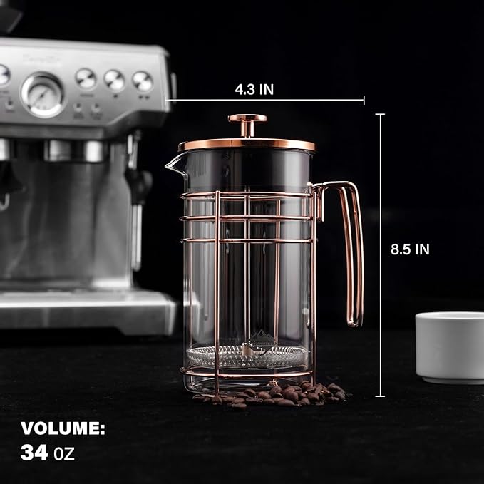 French Press, 34 Ounce (1000ml) Coffee Maker, Glass Rose Gold Coffee Press, Heat Resistant Borosilicate Glass Tea Maker and 3 layers Filter Coffee Pot for Camping Travel Gifts