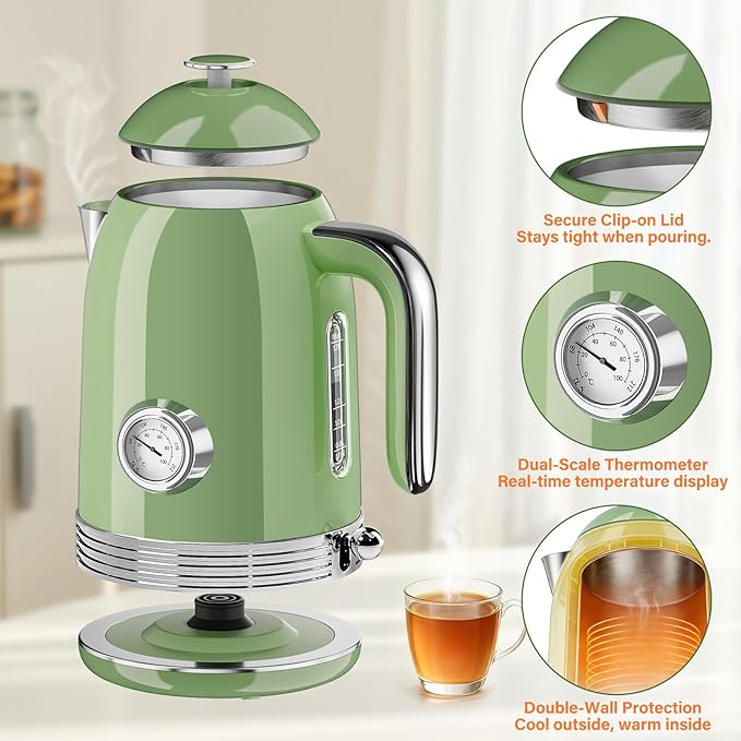 1.7L Electric Tea Kettle with Thermometer, 1500W Retro Stainless Steel Hot Water Kettle,Fast Boil Cordless Electric Kettle,Auto Shut-Off & Boil-Dry Protection