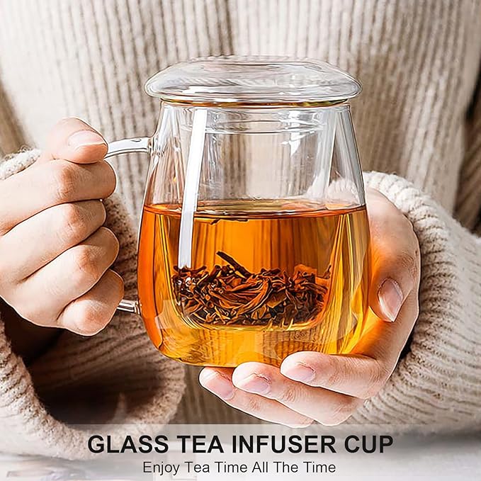 Lezero Glass Tea Cup with Strainer and Lid Gift Kit, Borosilicate Infuser Mugs with Filter for Blooming & Loose Leaf Tea, Heat Resistance, Lead-free, Microwave & Dishwasher Safe, 17oz