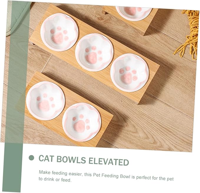 Whisker Friendly Cat Bowl Elevated Ceramic Pet Bowl Bamboo Rack Cat Food Indoor Dishes