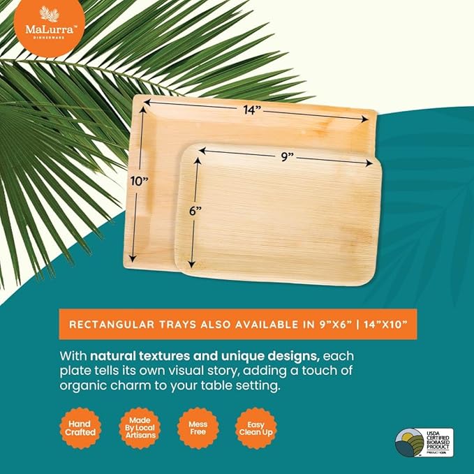 14"x10" Rectangle Tray - 50 PCs Disposable Serving Palm Platters Like Bamboo Charcuterie Tray | Biodegradable | Disposable | Eco-Friendly, Heavy Duty, Bulk | For Parties, Weddings, BBQs & Catering