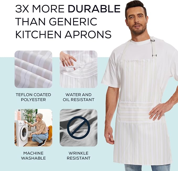 Will Well 2 Pack Bib Apron For Men & Women with 2 Pockets - White Stripe | Unisex 33'' x 27'' Oil & Water Resistant Soft Kitchen Chef Apron with Adjustable Neck Strap & 38'' Waist Ties for Snug Fit - Image 2