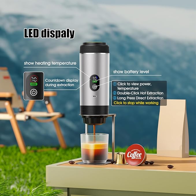 3-in-1 Portable Electric Espresso Machine–20Bar Self‑Heating camping coffee maker with 7500mA Battery,Display,compatible with Large/Small Capsules&Coffee Powder for Travel,Camping,Car&Office