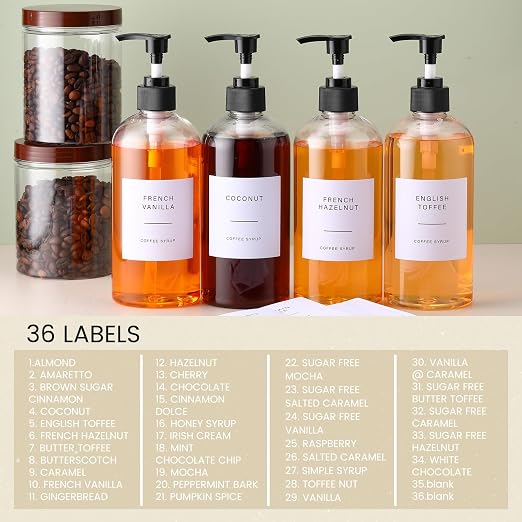 9 Pcs Coffee Syrup Dispenser Set 16.9 Oz/500 ml Plastic Coffee Syrup Dispenser Pump Bottle Pet Jar with Lids Gold Spoon and Labels for Home Bar Organization - Image 4