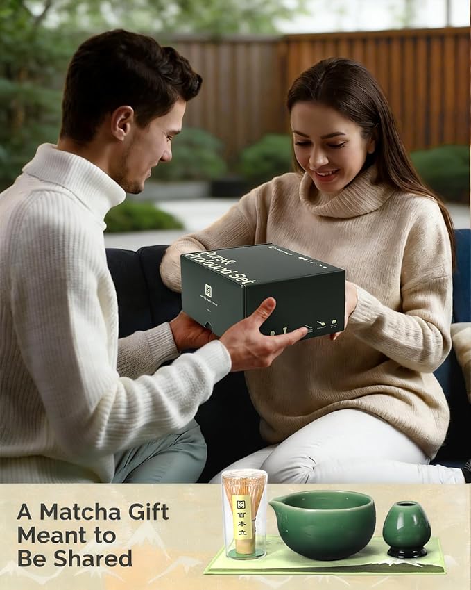 Maestri House Matcha Whisk Set, 7-Pc Complete Matcha Kit with Spouted Ceramic Bowl, Bamboo Whisk and Holder, Scoop, Spoon Rest & Sifter, Tea Cloth – Ideal Gift for Matcha Lovers (Emerald Kanso)