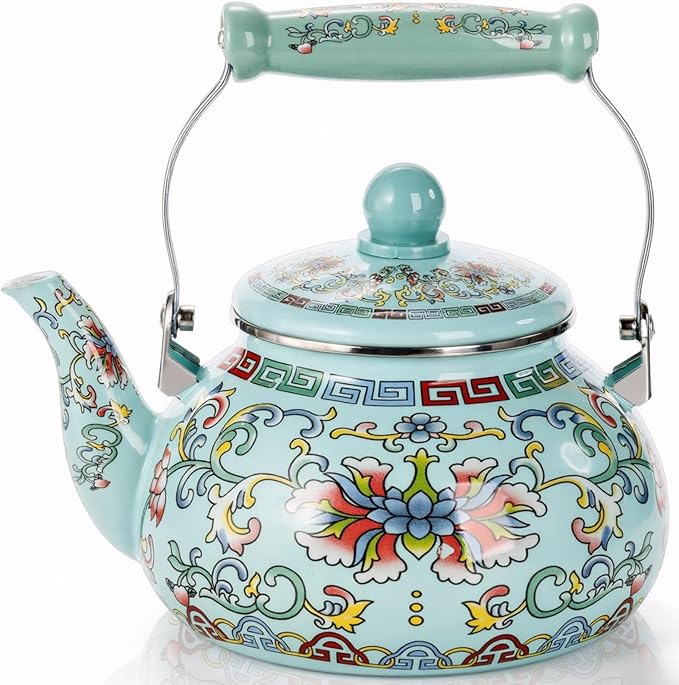 2.6 Quart Floral Enamel Tea Kettle, Vintage Enameled Teapot Stovetop, Enamel on Steel Water Coffee Tea Pot with Ceramic Handle, Colorful Hot Water Kettle for Home Kitchen Decor, No Whistling