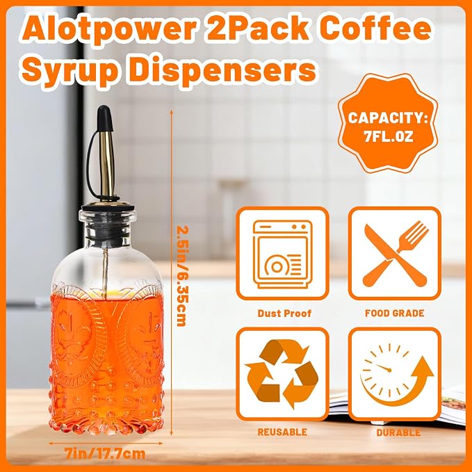 7oz Glass Coffee Syrup Dispenser, 2-Pack Complete Set with Funnel, Brush, Stoppers & Accessories - Syrup Bottles for Coffee Bar with Metal Pour Spout, Ideal for Maple,Oil, Vinegar,Cooking wine - Image 2