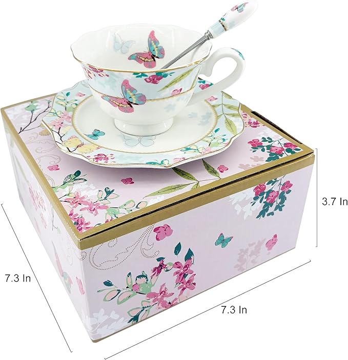 Vintage Ceramic Teacup, Elegant Coffee Cup, Royal Bone Tea Cups with Spoon and Saucer Set (Blue)