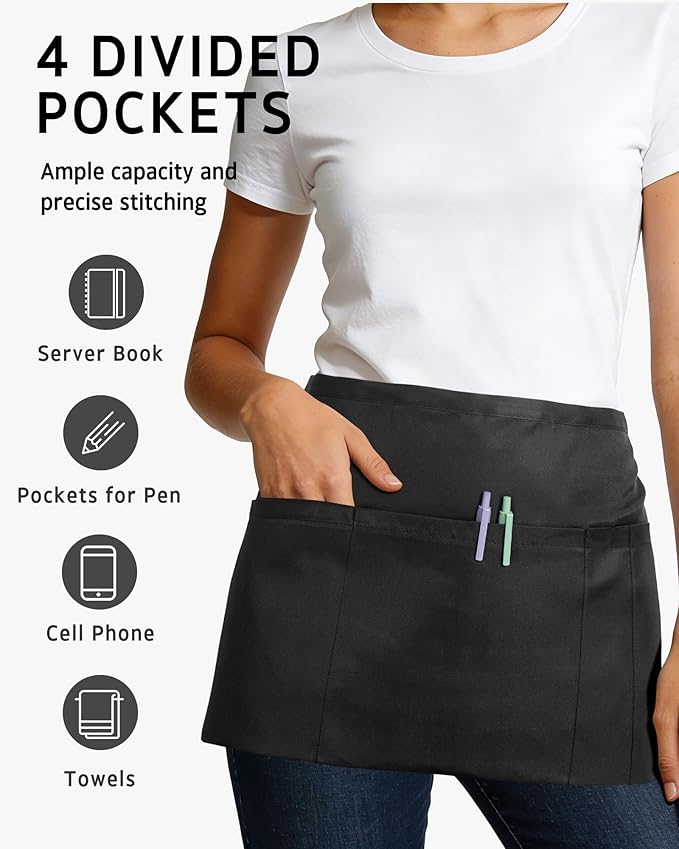 Syntus Server Apron for Men Women, Waitress Waist Apron, Black 1/3/12 Packs
