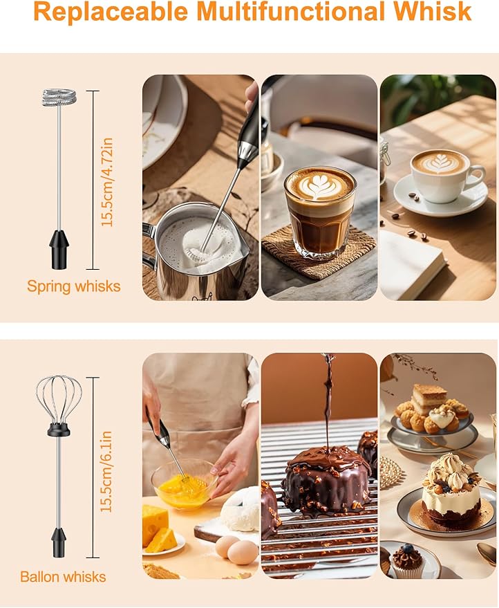 Rechargeable Milk Frother, Coffee Frother Handheld Wand, IP67 Waterproof Electric Foam Maker, High Power High-speed Drink Mixer Foamer for Matcha, Lattes, Cappuccino