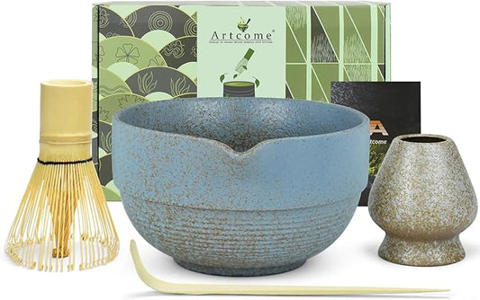 Artcome Premium Matcha Tea Set - 17oz Handcrafted Ceramic Bowl with Blue Reactive Glaze, Bamboo Whisk, Scoop, Whisk Holder & Brewing Guide - Japanese Tea Ceremony Tools for Perfect Matcha Preparation