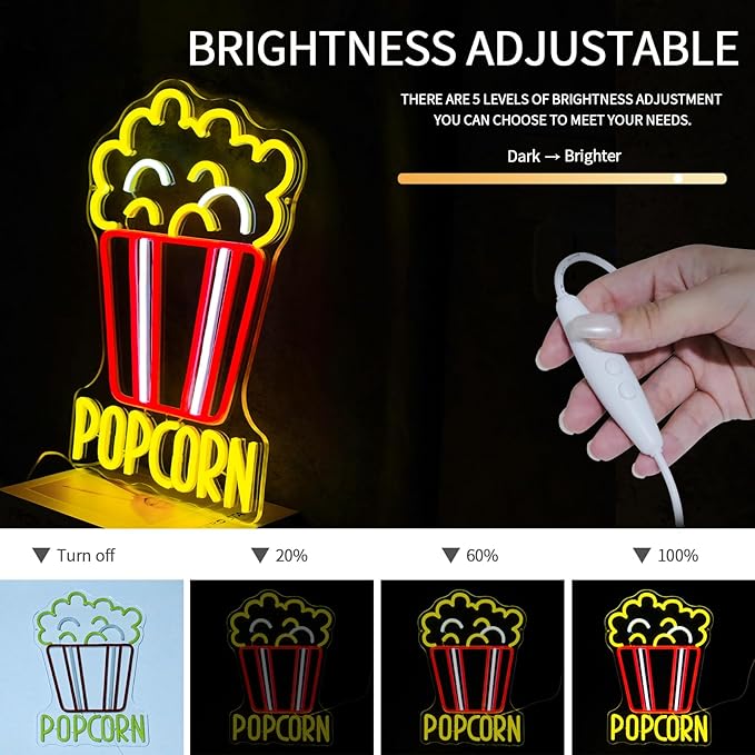 Popcorn Neon Sign for Wall Decor Dimmable Food Led Lights Signs Snacks Led Signs for Cinema Decor Neon Light for Home Cinema Snack Shop Kitchen Video Room Cafe Home Bar Party Man Cave Decor