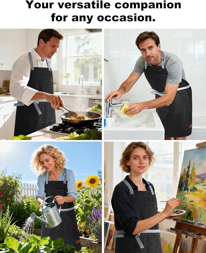 Chef Apron w/Pockets, Adjustable Strap for Cooking & Gardening | Equipped with 3 Large Multi-use Pockets, Wear-Resistant Fabric, Easy Clean, Ideal for BBQ Baking Craft for Men Women - Image 6