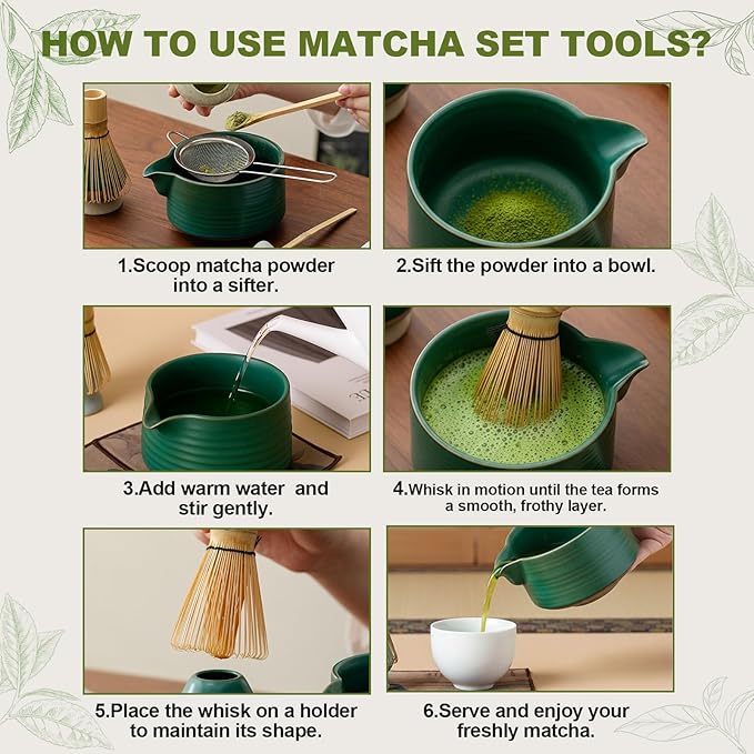Matcha Whisk Set, 8-Piece Matcha Set & Matcha Kit with Ceramic Bowl, Whisk, Stainless Steel Sifter, Spoon & Natural Wood Holder, for Matcha Lovers（Agate Green）