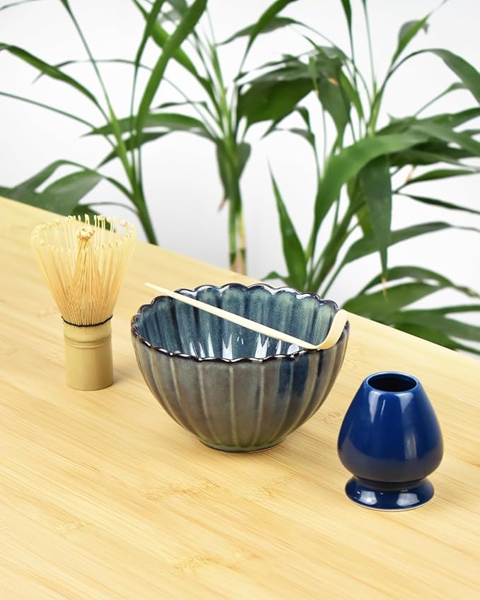Artcome Matcha Tea Set - 17oz Petal-Shaped Matcha Bowl, Bamboo Whisk, Scoop, Whisk Holder & Brewing Guide, Japanese Tea Ceremony Tools for a Perfect Matcha Experience, Grayish Blue