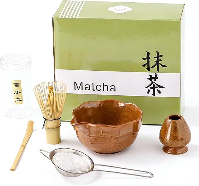 Matcha Bowl Set with Bamboo Whisk, Sifter & Scoop - Complete Ceramic Japanese Tea Ceremony Kit for Traditional Matcha Preparation (brown (with a textured finish）)