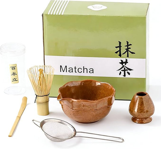 Matcha Bowl Set with Bamboo Whisk, Sifter & Scoop - Complete Ceramic Japanese Tea Ceremony Kit for Traditional Matcha Preparation (brown (with a textured finish）)