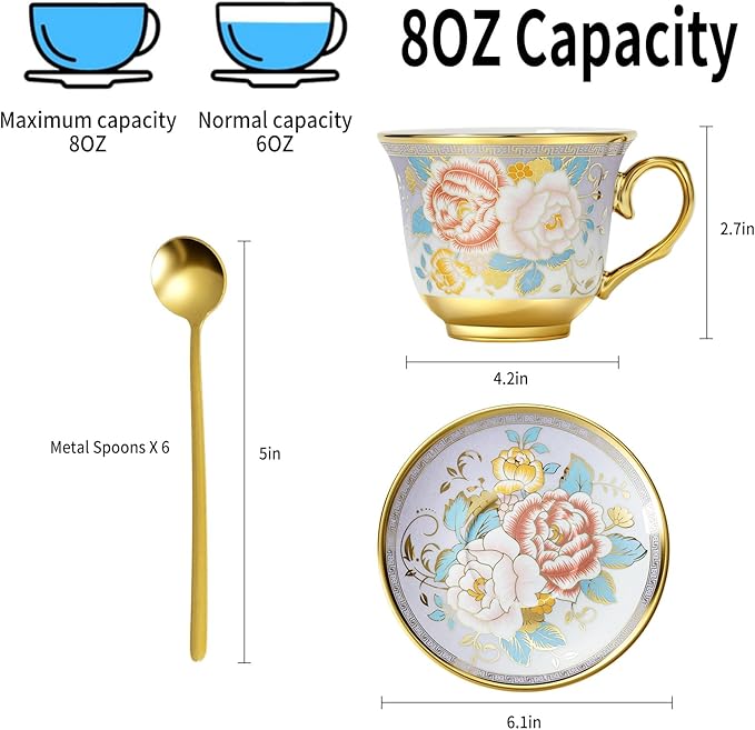Tea Cups and Saucers, Tea Cup Set of 6, 8 OZ Floral Cups Porcelain Cup Set for Cappuccino, Coffee, Afternoon Tea Birthday Party Supply Housewarming Gift