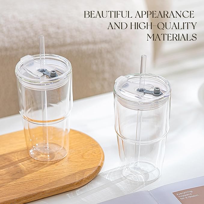 KEMORELA 16oz Clear Glass tumbler with Lids and Straws 2pcs,Double Wall Iced Coffee Cups with Lids,Coffee Bar Accessories, Insulated Borosilicate Glass Tumblers, To Go Coffee Cups, Spill proof