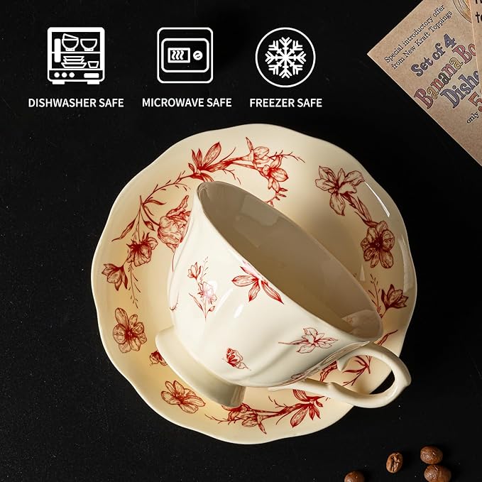 Vintage Porcelain Tea Cup and Saucer Set for 1, 8 oz Cappuccino Cup with Golden Spoon, Small Cream Red Floral Latte Art Cup, Happy Birthday Gifts