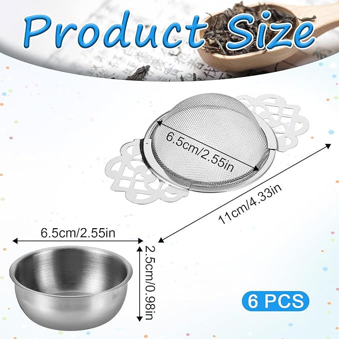 6 Pack Tea Filter Strainers Stainless Steel Loose Tea Infusers 2.5 Inch Tea Steeper with Double Wing Extender and Drip Bowl Sliver Small Fine Mesh Tea Strainers for Loose Tea Juice Coffee Filter