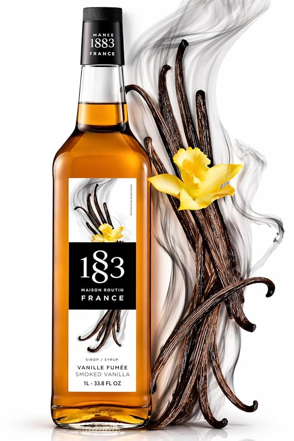 1883 Smoked Vanilla Syrup for Coffee, Cocktails & Desserts – Premium Flavoring Syrup, Made in France, 1 Liter Plastic Bottle