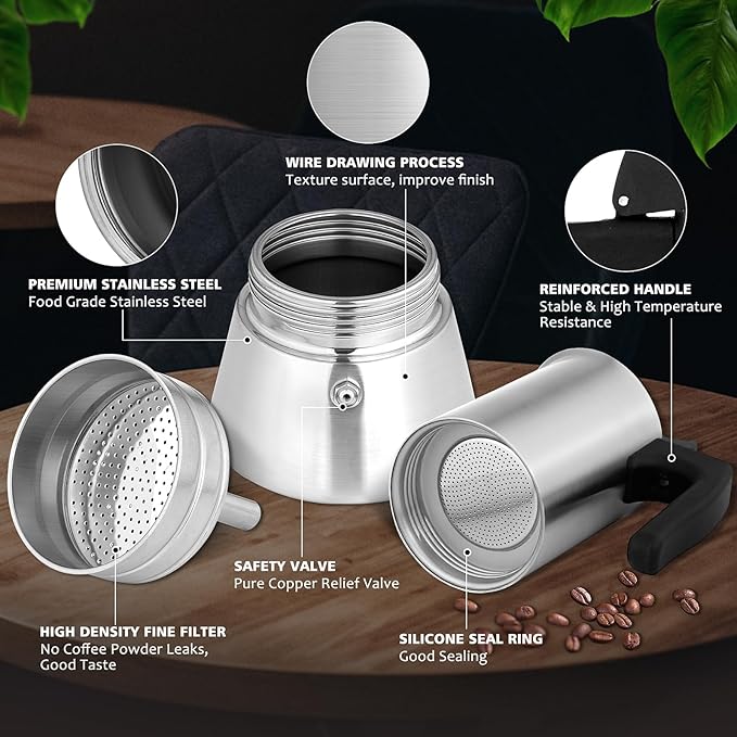 Stovetop Espresso Maker Stainless Steel Moka Pot, 9 cup Espresso Coffee Pots 450ml/15oz(Espresso Cup=50ml)/1.7oz, Italian Coffee Maker for Induction Cookers Hobs, Cafe Maker for Camping Home