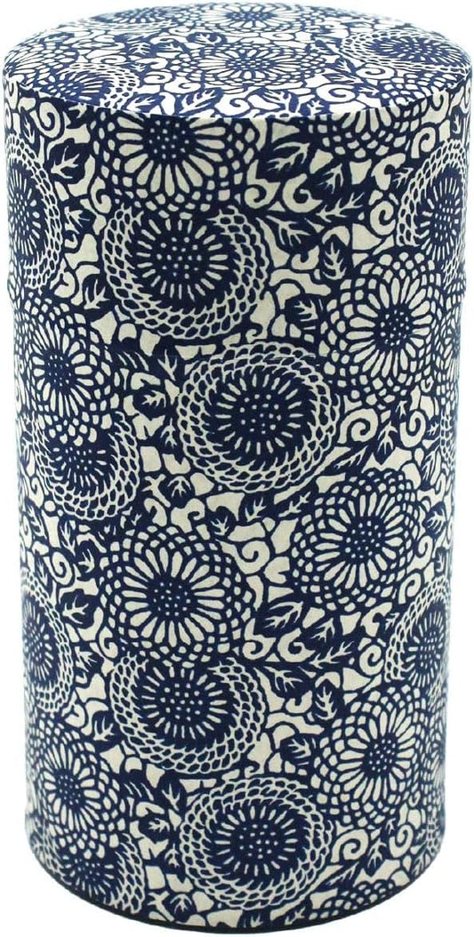 Japanese Pokkan Matcha Coffee Spice Tea Tin Canister Washi Paper Storage with Lid 7.05 oz Capacity (Kiku Karakusa)
