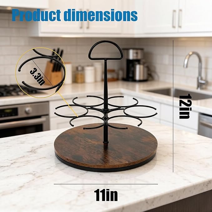 Rotating Coffee Syrup Organizer - Wooden Turntable Rack Holds 6 Bottles, Countertop Bar Station Display Stand for Coffee Syrups, Wine, and Large Bottles