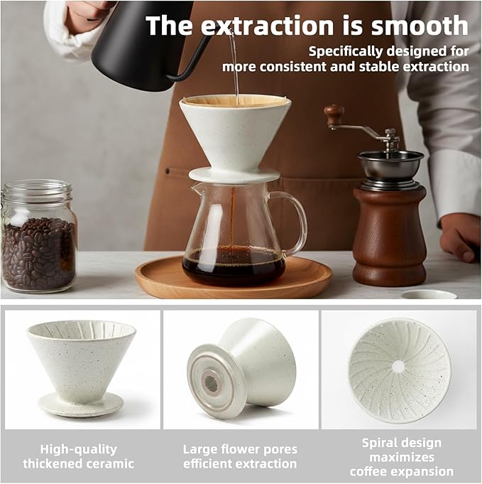 Ceramic Pour Over Coffee Dripper, Reusable Porcelain Portable Pour Over Coffee Maker, Slow Brewing Accessories with 1 Holes for Home, Office, Travel, Camping (Cream)