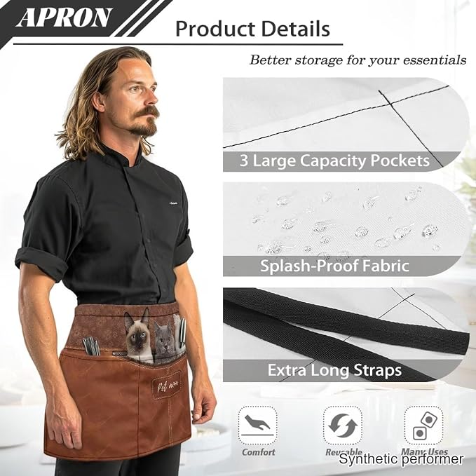 Waist Apron with 3 Pockets Waterproof 13 Inch Short Half Waist Aprons Women Men Server Aprons Waitress Waiter Apron - Image 6