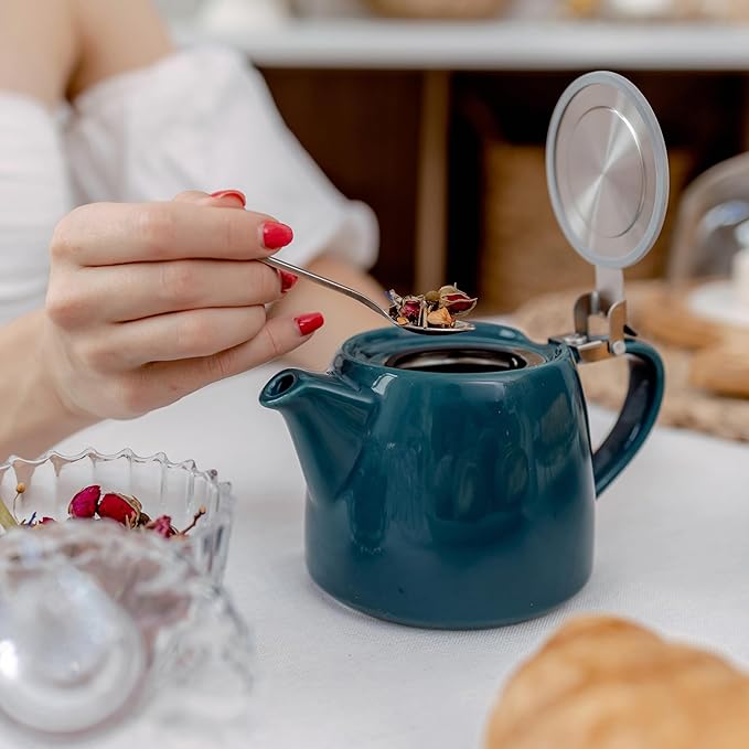 ORNA Ceramic Teapot with Tea Infuser – Small Tea Pot for Loose Leaf Tea – 550ml / 18.6 Oz Porcelain Non-Stove Teapot for 2 Cups with Tea Strainer (Ocean)