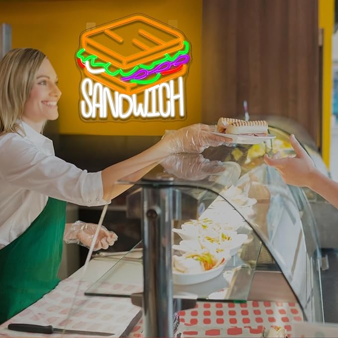 Sandwich Neon Sign Dimmable Food Neon Light Sign for Wall Decor Letters Snacks Led Signs for Home Kitchen Restaurant Store Fast Food Man Cave Bar Party Business Decor Gift 13.8" x 12.6"