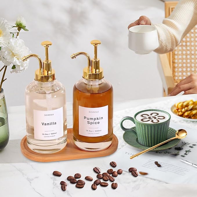 Coffee Syrup Dispenser for Coffee Bar, 16.9oz 500ml Glass Syrup Dispenser w Golden Coffee Scoop, Coffee Syrup Pump Dispenser w 36 Labels and Bamboo Tray, Coffee Syrup Bottles with Golden Pump, 2PCS - Image 3