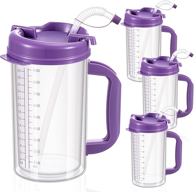 4 Pcs 32 oz Hospital Water Cup with Straw and Lid Insulated Double Walled Water Cup with Handle and Straw Elderly Bottle Plastic Drinking Carafe Insulated Mug (Purple)