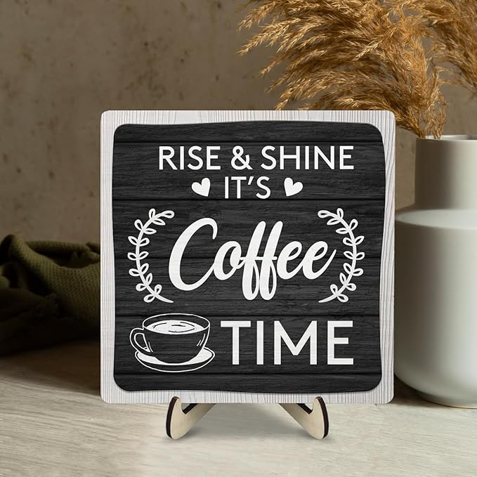 Coffee Bar Sign Plaque Decor,Coffee Bar Accessories,Rustic Wooden Tabletop Plaque with Stand, Minimalist Farmhouse Kitchen Counter Sign,Cute Mini Café Bar Decor Gift