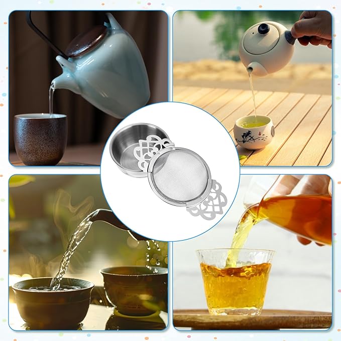 6 Pack Tea Filter Strainers Stainless Steel Loose Tea Infusers 2.5 Inch Tea Steeper with Double Wing Extender and Drip Bowl Sliver Small Fine Mesh Tea Strainers for Loose Tea Juice Coffee Filter