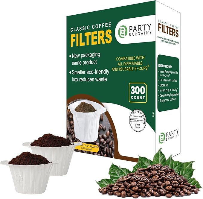 PARTY BARGAINS 300 Classic Disposable Coffee Filter Liners – Compatible with Keurig Brewers & K‑Cup Reusable Pods, Single‑Use Classic Design