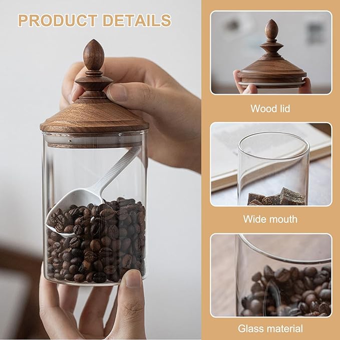 Glass Coffee Bean Jar, Airtight Retro Wooden Lid, Clear Container with Spoon, Kitchen Storage Canister for Tea, Spice, and More/550ml