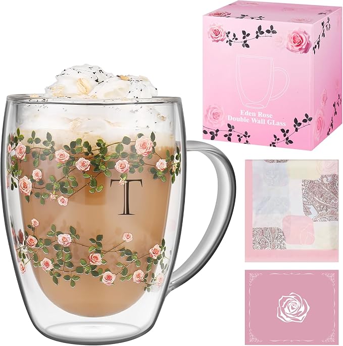 Initial Glass Cup for Women, 12oz Rose Double Walled Glass Coffee Mugs, Personalized Gifts for Women, Initial Coffee Tea Mug with Scarf, Birthday Gifts for Her Mom Friends (ROSE-T)