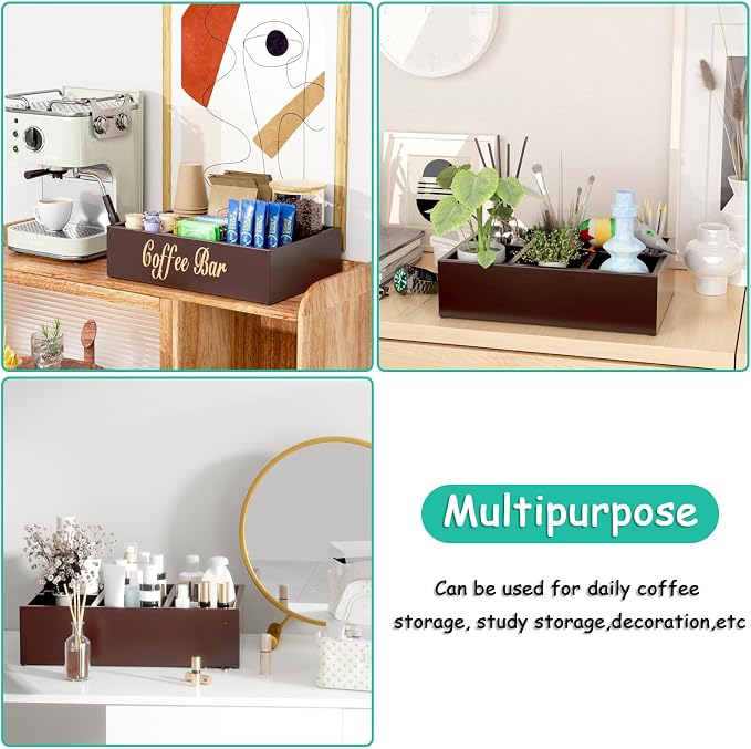 Coffee Station Organizer for Countertop, Wooden Coffee Bar Organizer with Removable Dividers, Farmhouse Coffee Pod Holder Storage Basket for Cocoa Tea Cup Dispenser, Coffee Bar Accessories Storage - Image 7