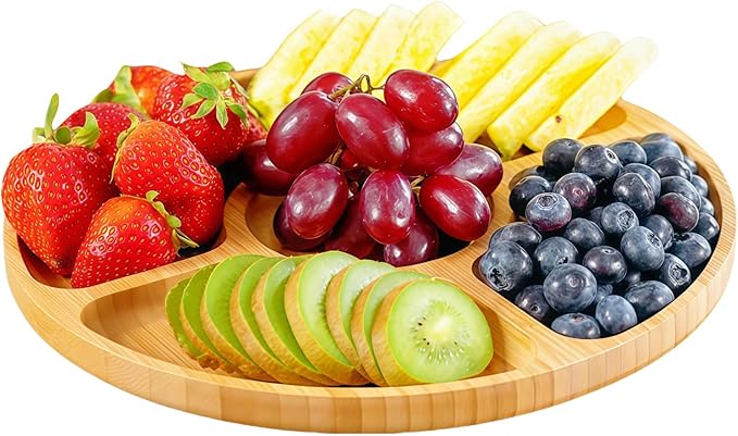 Divided Serving Dish Tray,7.9 in Round Bamboo Serving Trays,Wooden Candy Platters with 5 Compartments,Lazy Snack Trays for Home Decor,Parties, Events (1Pcs)