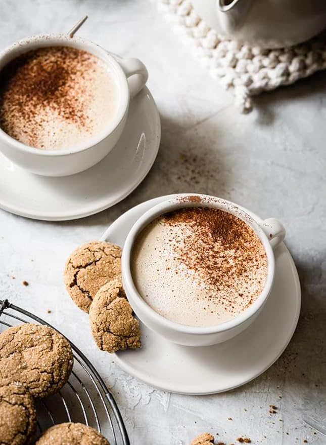 LE TAUCI Cappuccino Cups with Saucers 8 oz, Set of 4 Large Ceramic Coffee Cup Set for Latte, Au Lait, Flat White, Mocha, Tea Cup Set, Dishwasher Safe, Embossed Coffee Cups, White