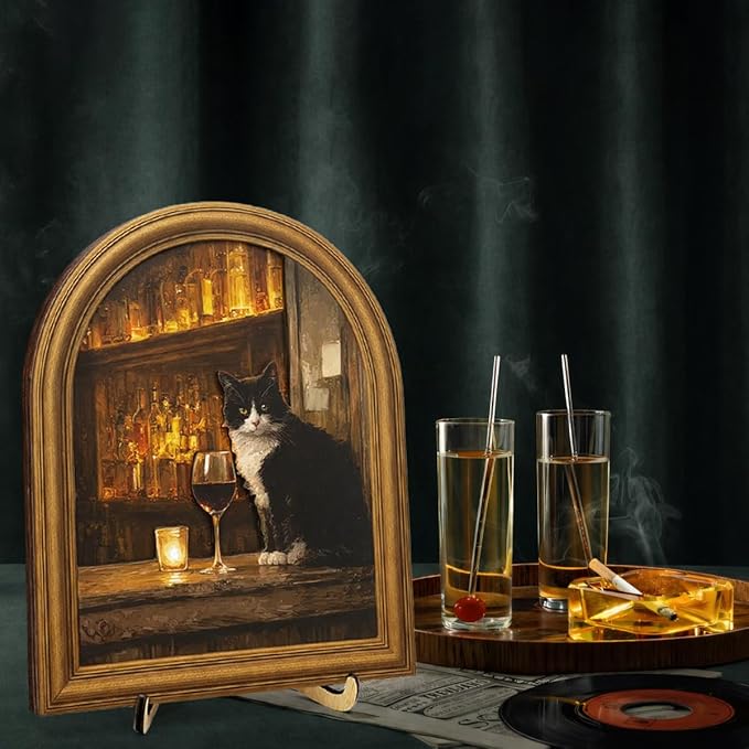 3D Funny Tuxedo Cat Wall Art Sign for Bar Decor, Vintage Drinking Cat Portrait Wall Decor, 8x10 Inch