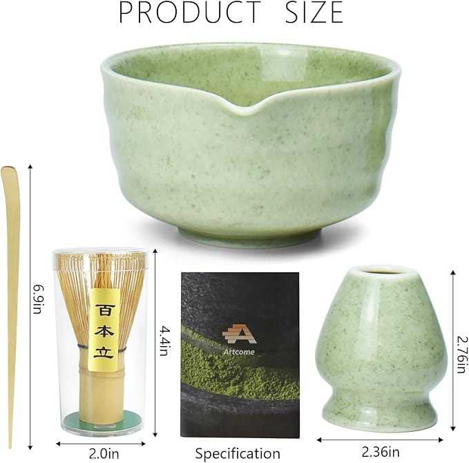 Artcome 4-Piece Matcha Tea Set - Complete Japanese Ceremony Kit with Bowl, Whisk, Whisk Holder, Scoop & Guide, Mottled Light Green
