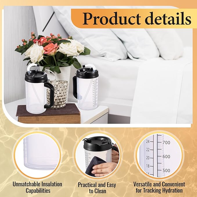 4 Pcs 32 oz Hospital Water Cup with Straw and Lid Insulated Double Walled Water Cup with Handle and Straw Elderly Bottle Plastic Drinking Carafe Insulated Mug (Black)