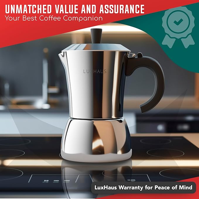 LuxHaus Moka Pot - 3 Cup Stovetop Espresso Maker - 100% Stainless Steel Italian and Cuban Mocha Coffee Maker