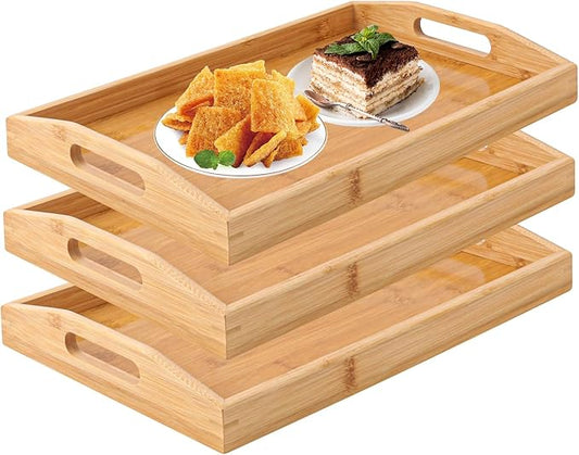 3 PCS Bamboo Serving Tray, Breakfast Bed Tray with Handle, 15 x 10 x 2 Inch Wood Serving Tray for Serving, Breakfast Bed Trays for Eating, Decor, Displaying Cake, Fruit