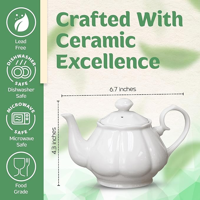 English Tea Store White Porcelain Teapot - 2 Cup | Teapot for Tea Lovers | Diana Style Ceramic Teapot for Kitchen & Dining | Microwave Safe Pot for Home, Office, or Gift Use | Elegant White Tableware